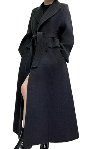 Women Long Winter Wool Pea Coat Lapel Double Breasted Trench Over Coat with Belt - color: Black, size: Small