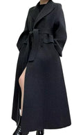 Women Long Winter Wool Pea Coat Lapel Double Breasted Trench Over Coat with Belt - color: Black, size: Large