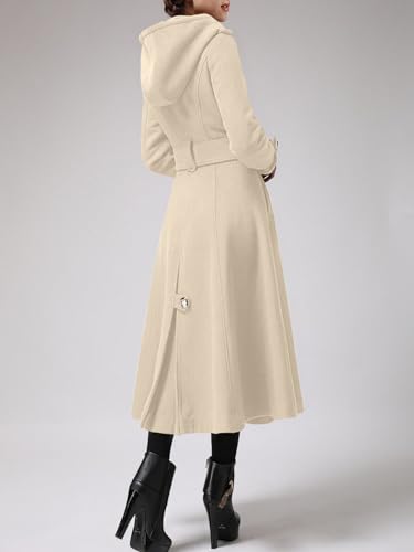 Cicy Bell Womens Long Double-Breasted Hooded Coat Winter Wool Trench Coat | Warm Pea Overcoat,Lapel Collar,Outwear with Belt,Open Front - color: Apricot, size: XX-Large