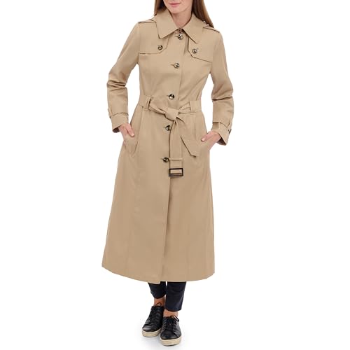 LONDON FOG womens Single Breasted Long Trench Coat With Epaulettes and Belt - color: Br Khaki, size: Medium