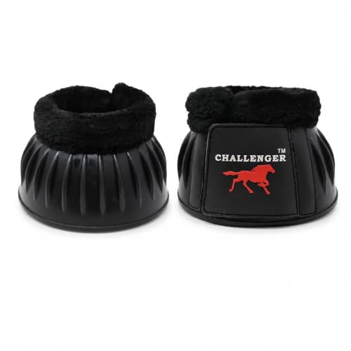 CHALLENGER Horse Training Ribbed Rubber Hoof Impact Overreach Protection Fleece Lined Bell Boots 41HI01 - color: Black, size: Large