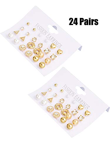 BBTO 24 Pairs Stud Earrings, Crystal Pearl Ear Stud for Women | Earrings, Alloy and Gold, Sliver Gold Black, for Men Women Loved Ones and Friends - color: Gold