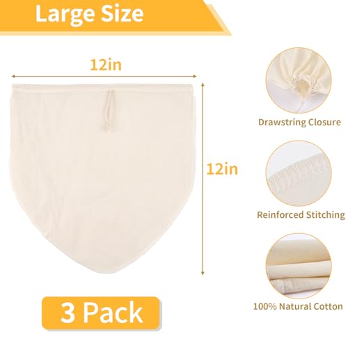 3 Pcs 12"x12" Nut Milk Bag, Cheesecloth Cheese Cloth Bag for Straining | Natural Unbleached Cotton Reusable Strainer Bag for Oat Almond Milk, Cheese Making, Yogurt, Juice, Cold Brew Coffee, Beer Tea - size: 12x12 Inch