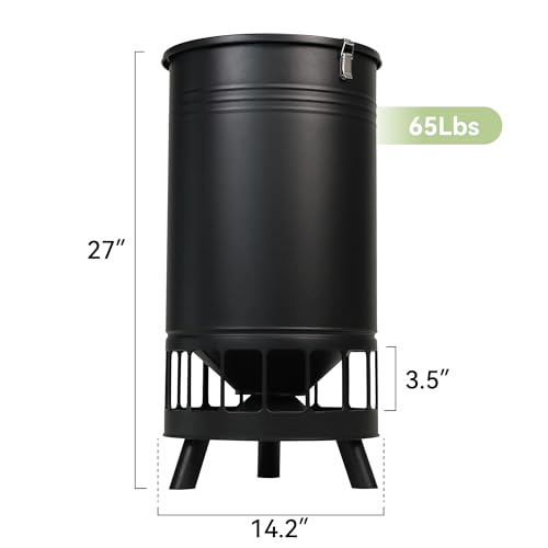 Solution4Patio 65 LB Large Chicken Feeder No-Waste, Portable Gravity Chicken Feeder Automatic, Dispenser, 16 Feeding Ports Poultry Feeder, Hen Coop (Black)