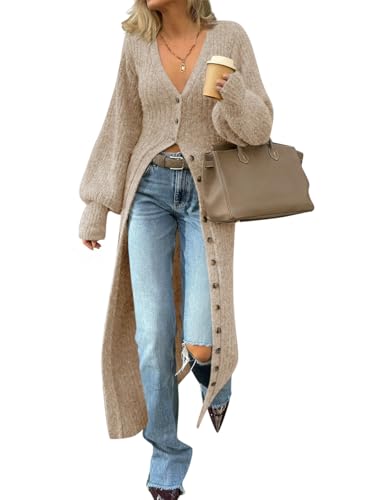 Saodimallsu Womens Long Duster Cardigans Button Down Maxi Sweater Dress | Casual V Neck,Lantern Long Sleeve,2026 Oversized Chunky Knit,Floor Length Coatigan,Cute Soft Cozy,Fall Winter Trendy Coat - color: Apricot, size: XX-Large