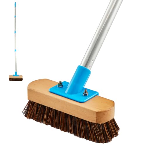 YONILL Floor Scrub Brush with Long Handle for Deck, Patio,Garden, Sidewalk | 60" Adjustable Stainless Steel Handle, Deck Brush with Stiff Natural Palmyra Bristles, Cleaning Rough Surface, Concrete Floor