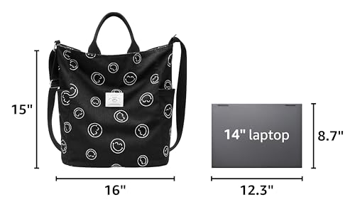 KALIDI Corduroy Tote Bag, Large Slouchy Hobo Messenger Crossbody Bag | Anti Splash Zipper Side Pockets Shoulder Bag Adjustable Strap Lightweight Casual Work Shopping Women - color: Black Happy