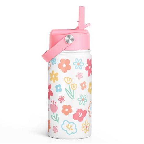 SANDJEST Kids Water Bottle Stainless Steel with Straw Lid, Floral Water Bottle 12oz, Travel Tumbler, Gifts for Girls, Birthday, Christmas, Back To School - color: Floral 1