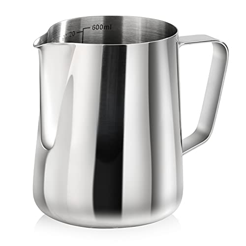 New Star Foodservice Stainless Steel Frothing Pitcher, 20 oz Espresso Milk Steaming Cup with Measurement Scale, Commercial Grade 18/8 Barista Pitcher for Lattes, Cappuccinos, Coffee, Silver - size: 20.3 Ounces