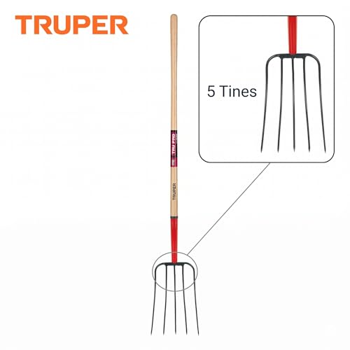 Truper Tru Pro 5-Tine Manure Fork, 54-Inch Premium White Ash Wood Handle, Forged Steel Head, Heavy-Duty Agricultural & Farm Tool (Model BPJ-5E / 30314)