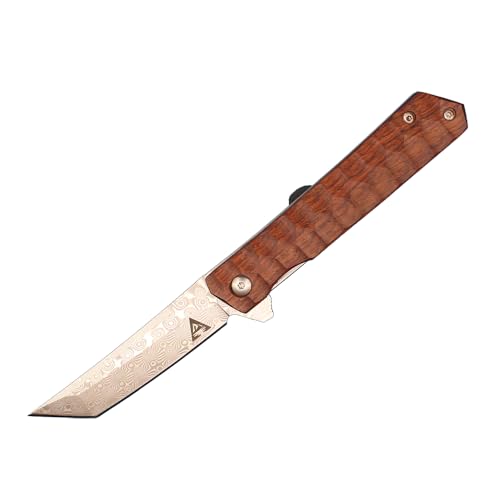 allvin R8406 Damascus Flipper Knife VG10 Damascus Steel Tanto Point Blade Rosewood with Steel Sheet Handle Outdoor Fishing EDC Pocket Knives