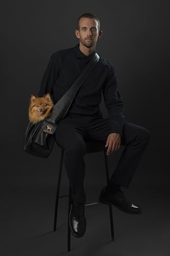 Noah & Paw Dog Sling Carrier for Small Dogs 5-18lb, Dog Sling for Small Dogs and Cats, Dog Carrier with Adjustable Padded Strap, Vegan Leather Lined with Fur, Double Safety Feature, Machine Washable - color: Charcoal