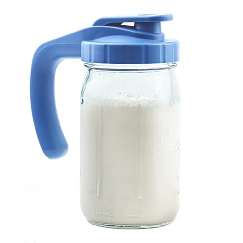 Breast Milk Pitcher, 32oz Glass Pitcher with Flip Top Lid & Handle - Leak Proof Mason Jar for Iced Tea, Lemonade & Juice, Dishwasher Safe, Blue