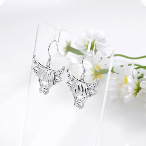 Celtic Animal Earrings for Women - Sterling Silver Hypoallergenic Horse/Dragon/Cow/Goat/Dragonfly/Butterfly Dangle Earrings Animal Jewelry Gifts Birthday Christmas Gifts for Women - color: Celtic Highland Cattle Earrings