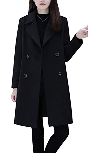 chouyatou Women's Basic Essential Double Breasted Mid-Long Wool Blend Pea Coat - color: Black, size: Large