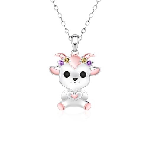 Cute Goat Necklace for Women - 925 Sterling Silver Goat Zirconia Heart Pendant Necklace Jewelry Gifts for Goat Animal Lovers