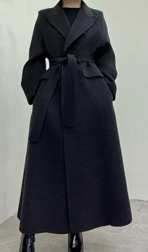 Women Long Winter Wool Pea Coat Lapel Double Breasted Trench Over Coat with Belt - color: Black, size: Small