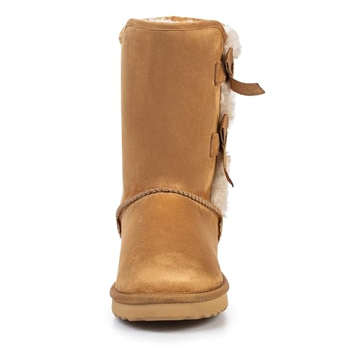 KRABOR Womens Suede Snow Boots Mid-Calf Winter Shoes with Side Bows | Cozy Lining,Fuzzy,Cute,Comfy,Warm,Non-Slip - color: Brown-1, size: 9