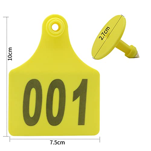 100PCS Cattle Ear Tags 001-100 Numbered Plastic Farm Identification | 4.1x3 Inch Oversize Tags for Cattle Cows Goats Sheep Pigs Hog Calf, Laser Printed Herd Management (001-100, Yellow) - color: Yellow