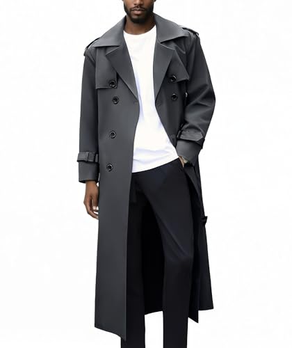 Pantete Men's Double Breasted Trench Coat Oversized Casual Windbreaker Lapel Long Jacket Overcoat - color: Dark Grey, size: Small