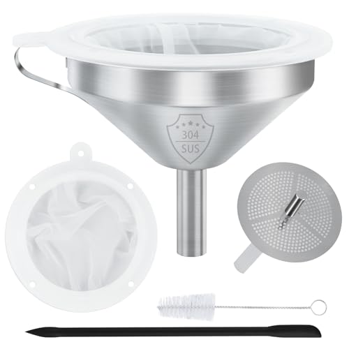 WMKGG 304 Stainless Steel Funnel,Funnels for Kitchen Use Filling Bottles | 5 Inch,with 200 Mesh and 100 Mesh Fine Mesh Strainer, for Oils, Juice, Wine, Coffee, Milk, Tea, Powder - size: Funnels+Strainer