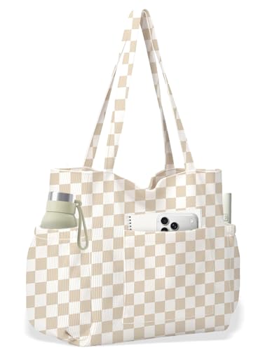 Corduroy Tote Bag for Women, Cute Floral Tote Bag with Zipper, Large Shoulder Handbag with Multi-Pockets for Work Travel Gym - color: Khaki Checkered