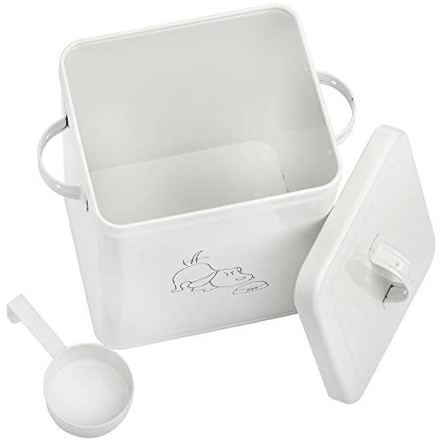 SOUJOY Pet Treat and Food Storage Bin with Lid and Scoop, 5LBS White Vintage Farmhouse Storage Tin, Coated Carbon Steel Canister, Gift for Dogs Owners