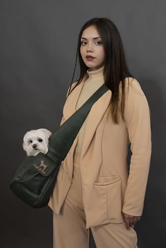 Noah & Paw Dog Sling Carrier for Small Dogs 5-18lb, Dog Sling for Small Dogs and Cats, Dog Carrier with Adjustable Padded Strap, Vegan Leather Lined with Fur, Double Safety Feature, Machine Washable - color: Dark Green