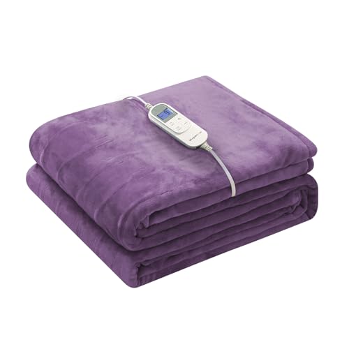 Wapaneus Foot Pocket Heated Blanket Electric Throw with 10 Heating Levels and 4 Timer Settings 4 Hours Auto Shut Off, Flannel Fast-Heating Heated Throw 50" x 60", Machine Washable, Purple - color: Purple, size: 50*60in