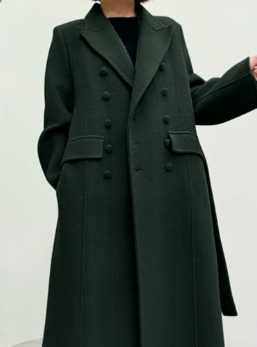 CHARTOU Women Long Winter Wool Pea Coat Lapel Double Breasted Trench Over Coat with Belt - color: Green, size: Large