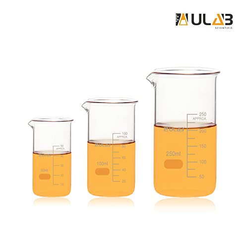ULAB Scientific Glass Beaker Set, 3 Sizes Vol. 50ml 100ml 250ml, 3.3 Borosilicate Griffin Tall Form with Printed Graduation, UBG1048 - style: Tall form 3 Sizes: 50ml 100ml 250ml