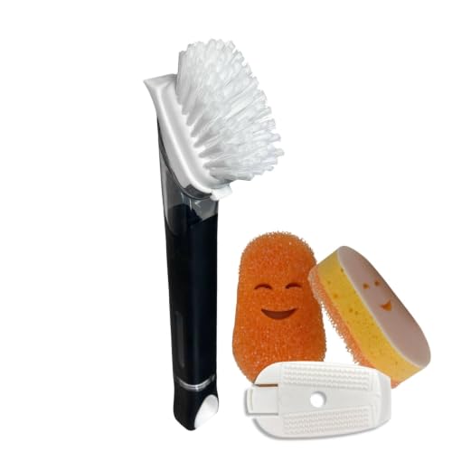 Smilyeez Black Soap Dispensing Dish Wand – Scrub Brush + 2 Cute Non-Scratch Sponge Heads - color: Black