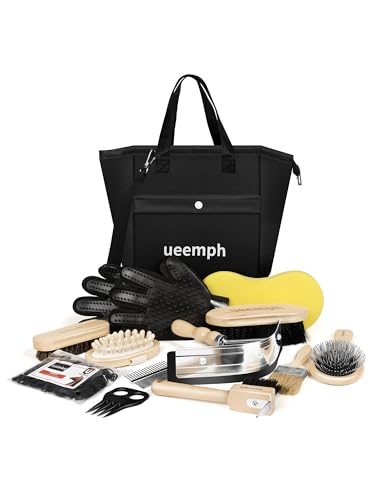 Horse Grooming Kit (12-Piece): Brushes, Storage Bag, Sweat Scraper, Mane Comb, Grooming Gloves, Horse Gift for Girls (Black) - color: Black