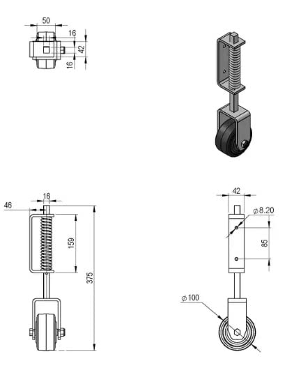 220 lb Heavy Duty Gate or Door Caster - Spring Loaded - 4 Inch Fixed Wheel - Square Shaft Non-Swivel - Foghorn Construction