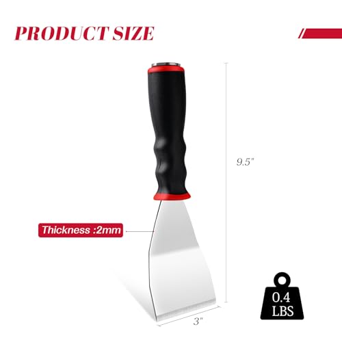 Mister Rui 3 Inch Metal Scraper, Bent Heavy Duty Curved Paint Scraper Tool | Stainless Steel Putty Knife with Hammer End, Spackle Knife with Soft Grip Rubber Handle, Paint Scraper Tool for Wood, Wall