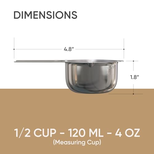 Color Up ½ Cup Measuring Cup (120 ml) – Premium Chrome Stainless Steel, Accurate for Wet & Dry Ingredients, Embossed Markings, Easy-Pour Spouts, Dishwasher-Safe, Kitchen Essential - size: 1/2 Cup (120 ml) Stainless