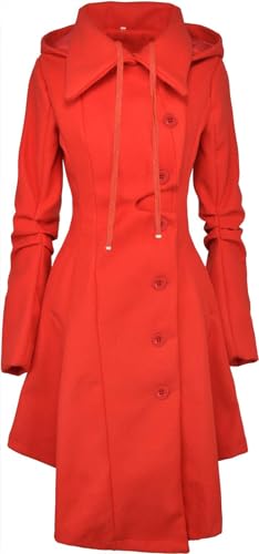 Long Trench Pea Coat for Women - Winter Trench Coat Goth Lapel Peacoat Outwear Thick Hood Pea Jacket Trenchcoat - color: A- Red, size: XX-Large