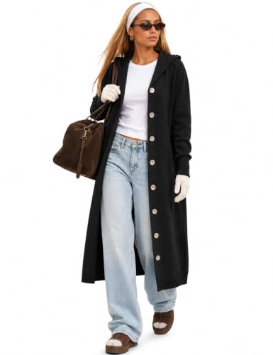 CiCiBird Womens Fall Long Cardigan Sweater Hooded Button Coat | Side Pockets, Loose Midi Length, Cozy Texture, Soft Lightweight Knit, Lounge To Outdoor Wear, Daily Layering, House Coat - color: Black, size: Small