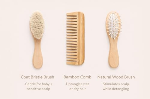 Luxury Baby Brush Set 3-Piece Bamboo Hair Brush & Comb Kit – Soft Goat Bristle Brush, Wooden Comb & Massage Brush for Newborns, Infants & Toddlers – Gentle Cradle Cap Care