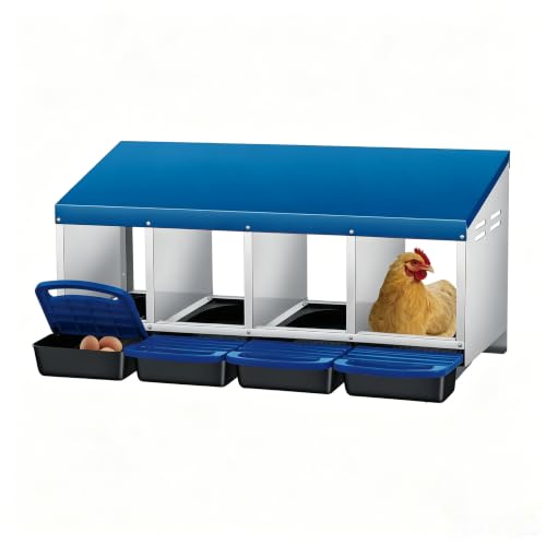 Galvanized Steel Chicken Nesting Box 4 Compartment with Pull Out Tray, Roll Away Nest Boxes for Laying Hens Egg Collection, Wall Mount Poultry Nest Box for Coop with Handle, Blue - color: Blue, size: 4 Compartments