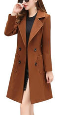 chouyatou Women Elegant Notched Collar Double Breasted Wool Blend Over Coat - color: Brown, size: X-Large