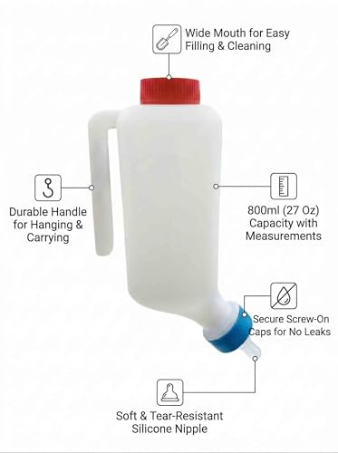 Lamb Feeding Bottle 27 Oz (800ml), Hanging Goat Feeder with Measurement Scale and Soft Nipple,Thickened Nursing Bottle for Lambs, Piglets,Fawns Small Livestock,Replaceable Nipple Included