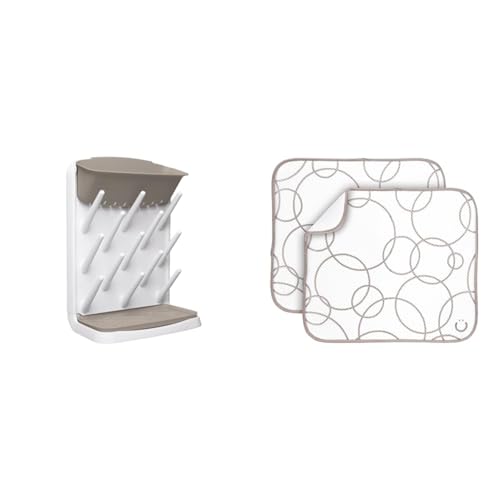 Ubbi Space Saving Baby Bottle Drying Rack with 13 Pegs, Removable Top and Bottom Trays, Set of 2 Microfiber Dish Drying Mats