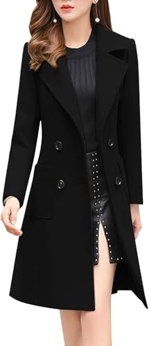 Women's Elegant Wool Blend Pea Coat Notched Lapel Double Breasted Winter Warm Mid Long Overcoat - color: Black, size: Small