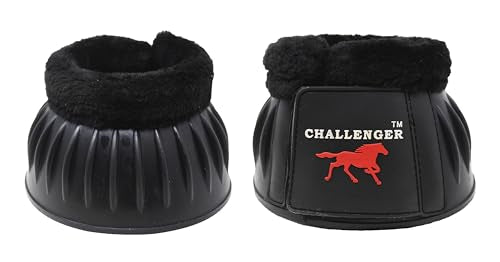 CHALLENGER Horse Training Ribbed Rubber Hoof Impact Overreach Protection Fleece Lined Bell Boots 41HI01 - color: Black, size: Large