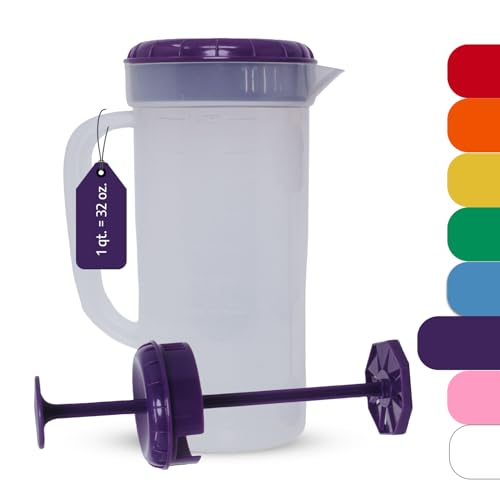 1 Quart Plastic Mixing Pitcher with Mixing Lid, BPA Free, Shatterproof Beverage Jug for Iced Tea, Lemonade, Juices, Milk – Leak-Proof, Easy Stirring, Dishwasher Safe | Purple - color: Purple, Mixing Pitcher w/ Opt. Lid