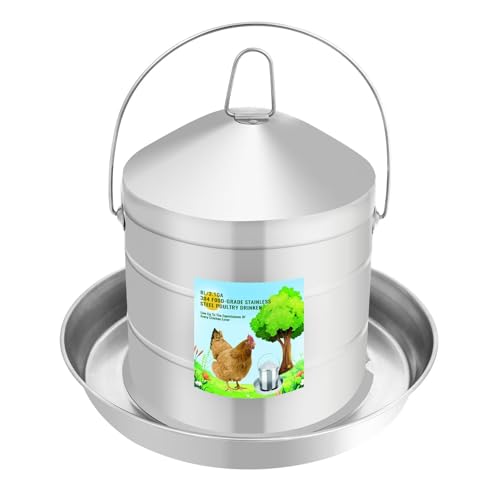 Automatic Chicken Waterer 8L/2.1Gal, 304 Food Grade Stainless Steel Heavy Duty Reliable Long-Lasting Poultry Waterer with Handle, High Strength Structure 0.035 Inch Metal Thickness, No Assemble