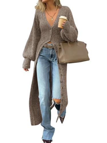 Saodimallsu Womens Long Duster Cardigans Button Down Maxi Sweater Dress | Casual V Neck,Lantern Long Sleeve,2026 Oversized Chunky Knit,Floor Length Coatigan,Cute Soft Cozy,Fall Winter Trendy Coat - color: Tawny, size: X-Large