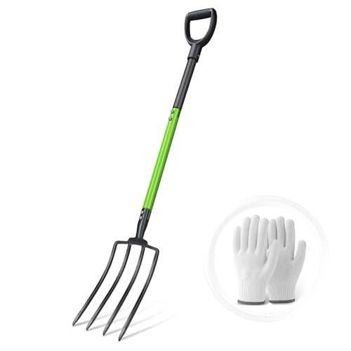 GARDENWORK Garden Fork,45-Inches Pitch Fork with Enhanced&Steel D-Handle | Heavy Duty Gardening Spading Fork with Ergonomic Fiberglass Handle and Metal Tine,45 Inch Spading Fork for Compost, Mulch
