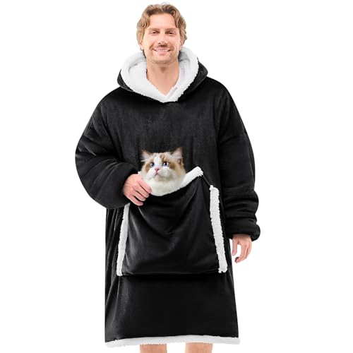 JOYWOO Black Wearable Blanket Hoodie,Oversized Cat Lovers Sweatshirt Blanket for Adult,Birthday Gifts for Men,Father,Boy,Cozy Fuzzy Sherpa Hooded Blanket with Giant Pocket and Winter Gifts,Standard - color: Midnight Black, size: Adult